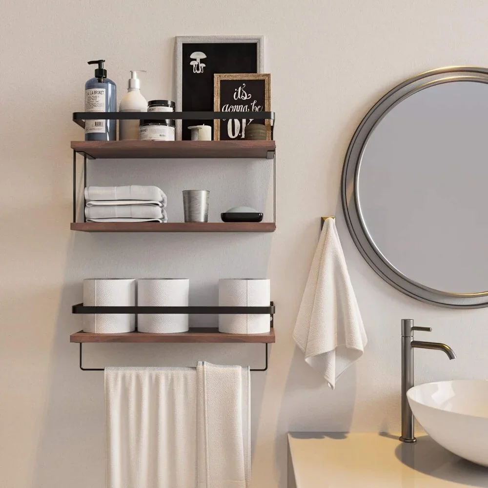 HOUSE 2+1 Tier Wall Mounted Floating Shelves Set of 2, Rustic Wood Shelf